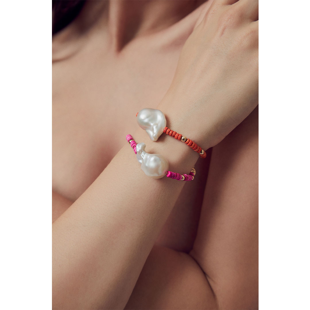 Orange Beaded Bracelet with Baroque Pearls