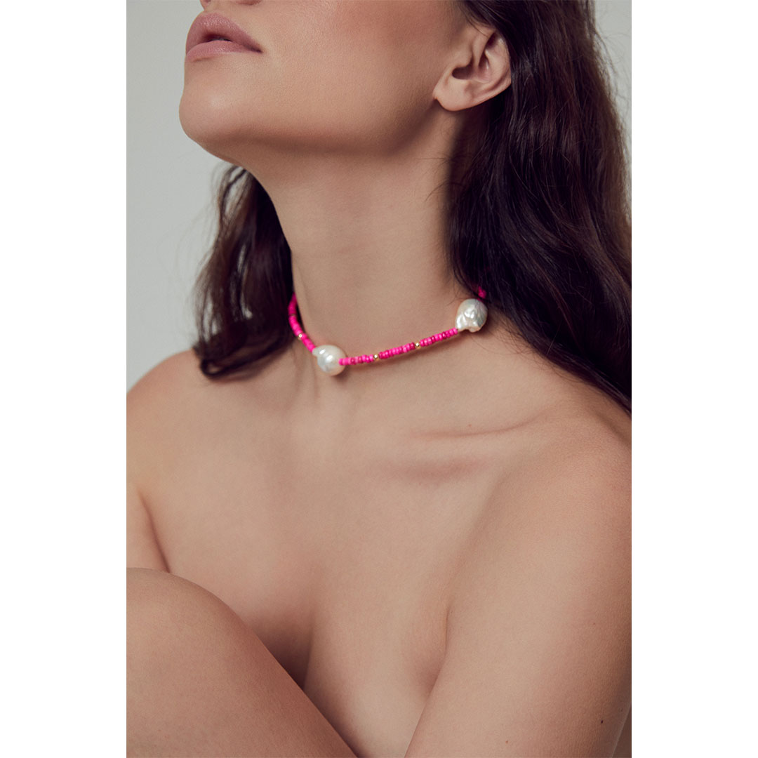 Pink Beaded Necklace with Baroque Pearls