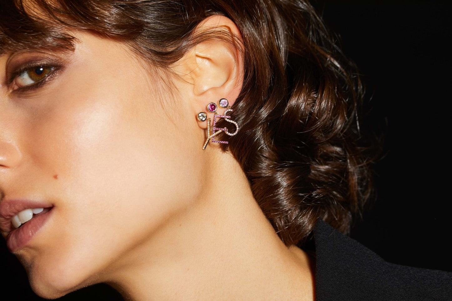 Small Size Pink Sapphire Pave Letter Earring (Single)
