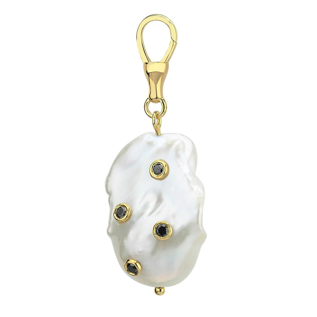 Large Baroque Pearl Hook Pendant with Black Diamonds