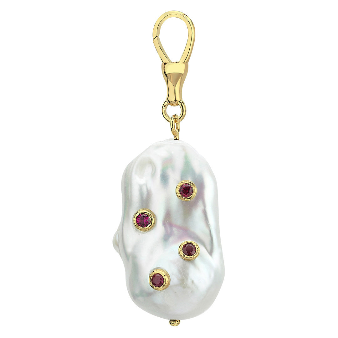 Large Baroque Pearl Hook Pendant with Rubies
