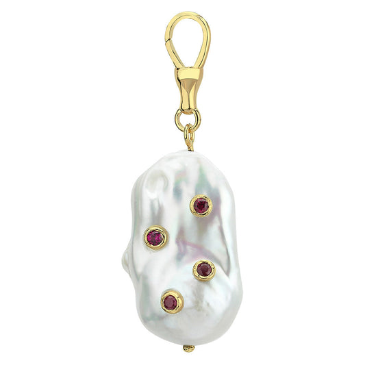 Large Baroque Pearl Hook Pendant with Rubies