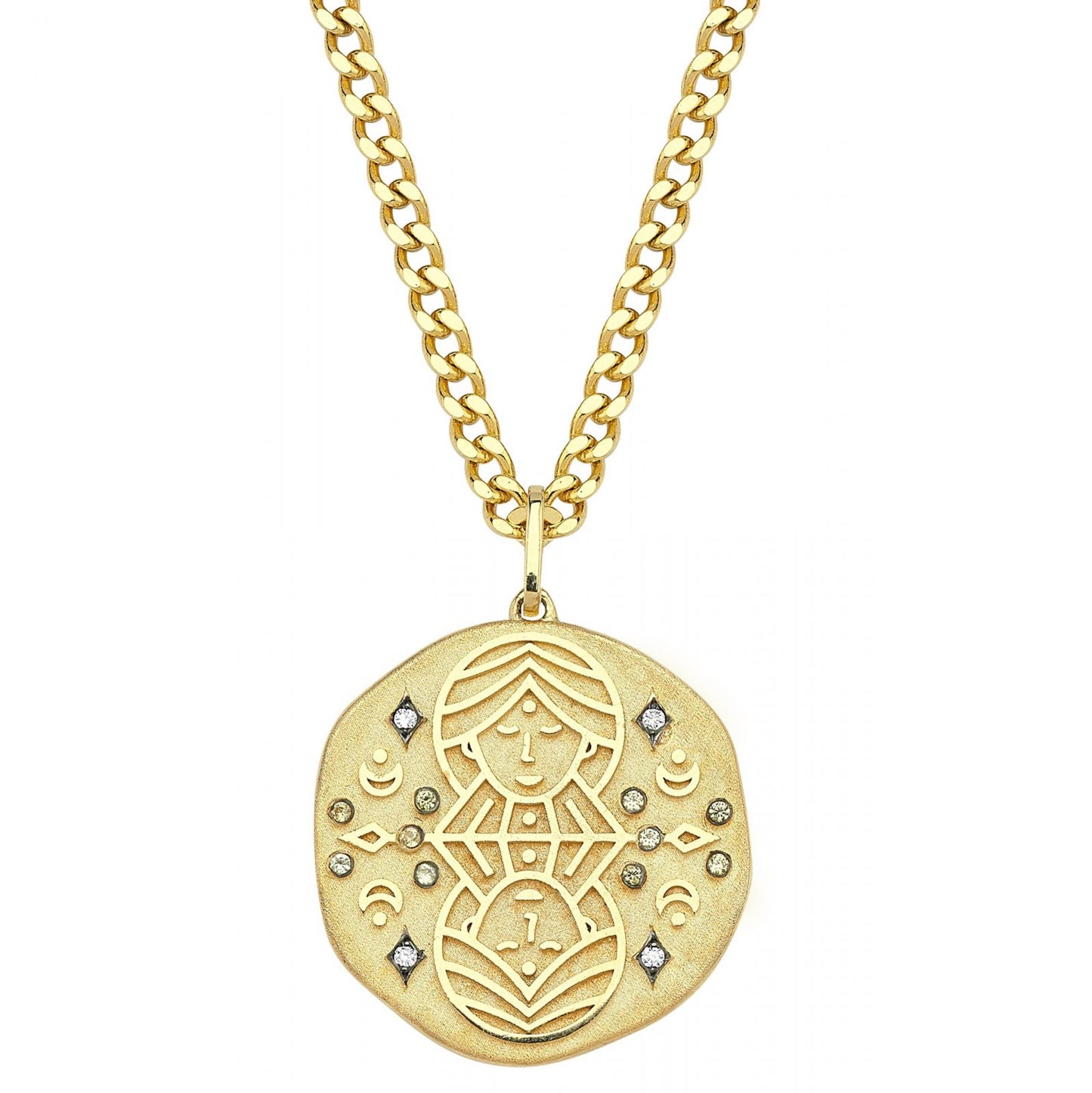 Gemini Illustration Zodiac Necklace with Citrine Birthstone, Diamonds & Curb Chain