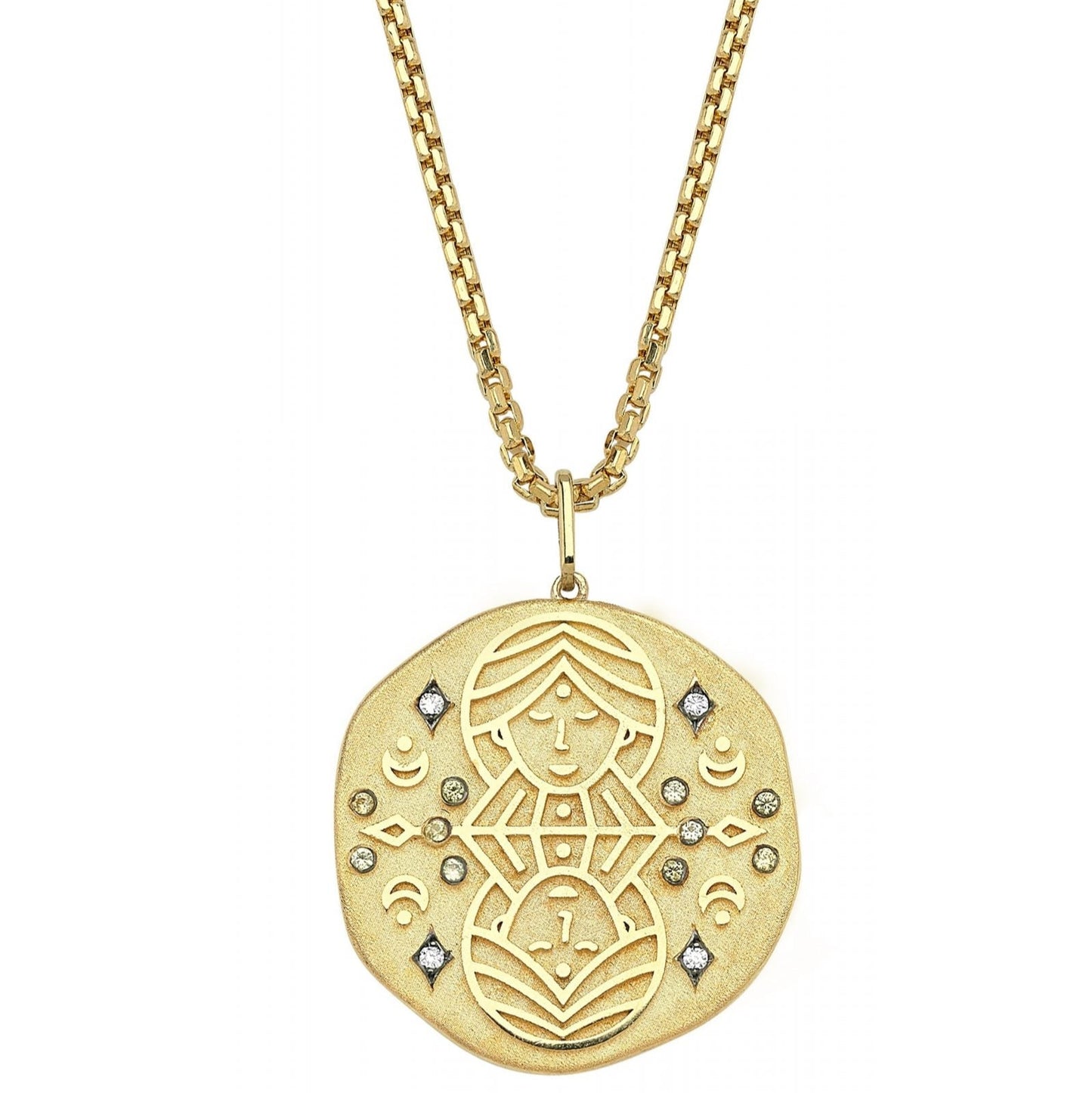 Gemini Illustration Zodiac Necklace with Citrine Birthstone, Diamonds & Box Chain