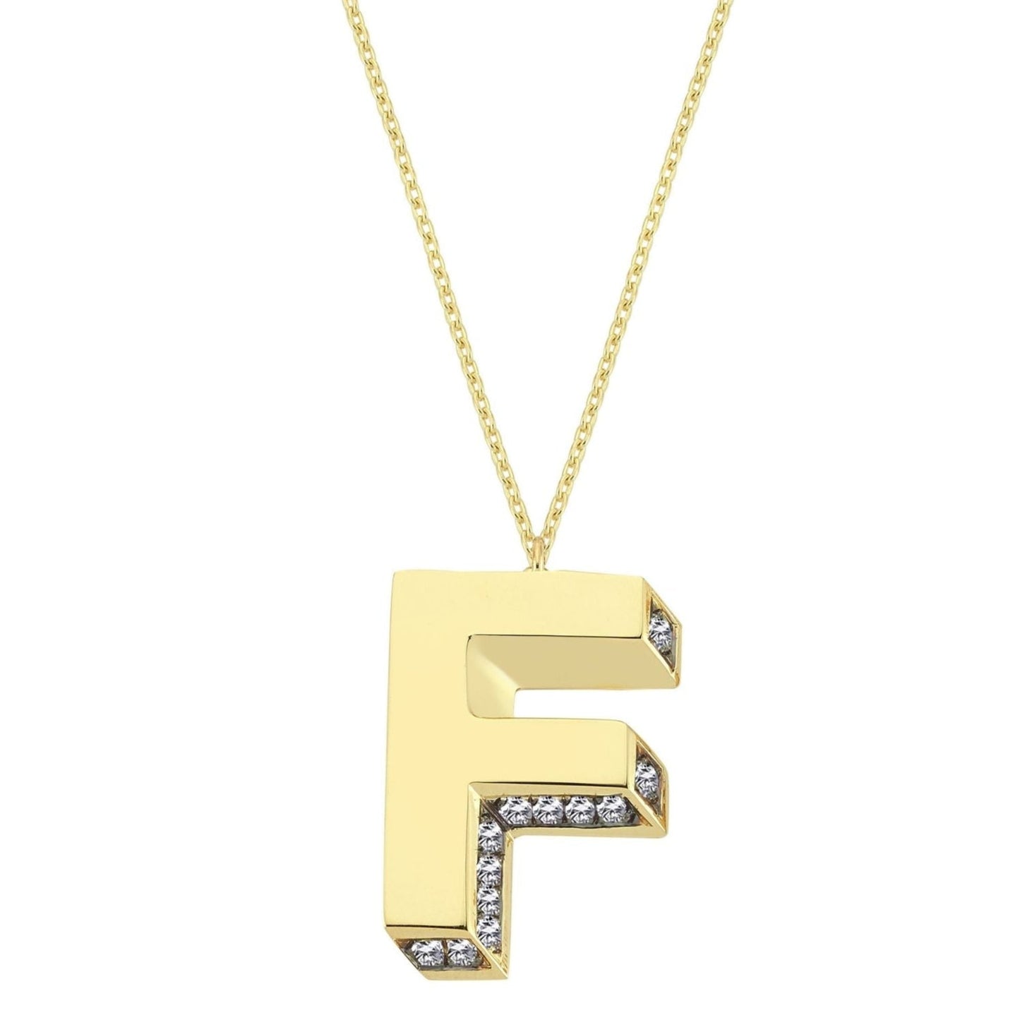 3D Letter F Necklace With Diamonds