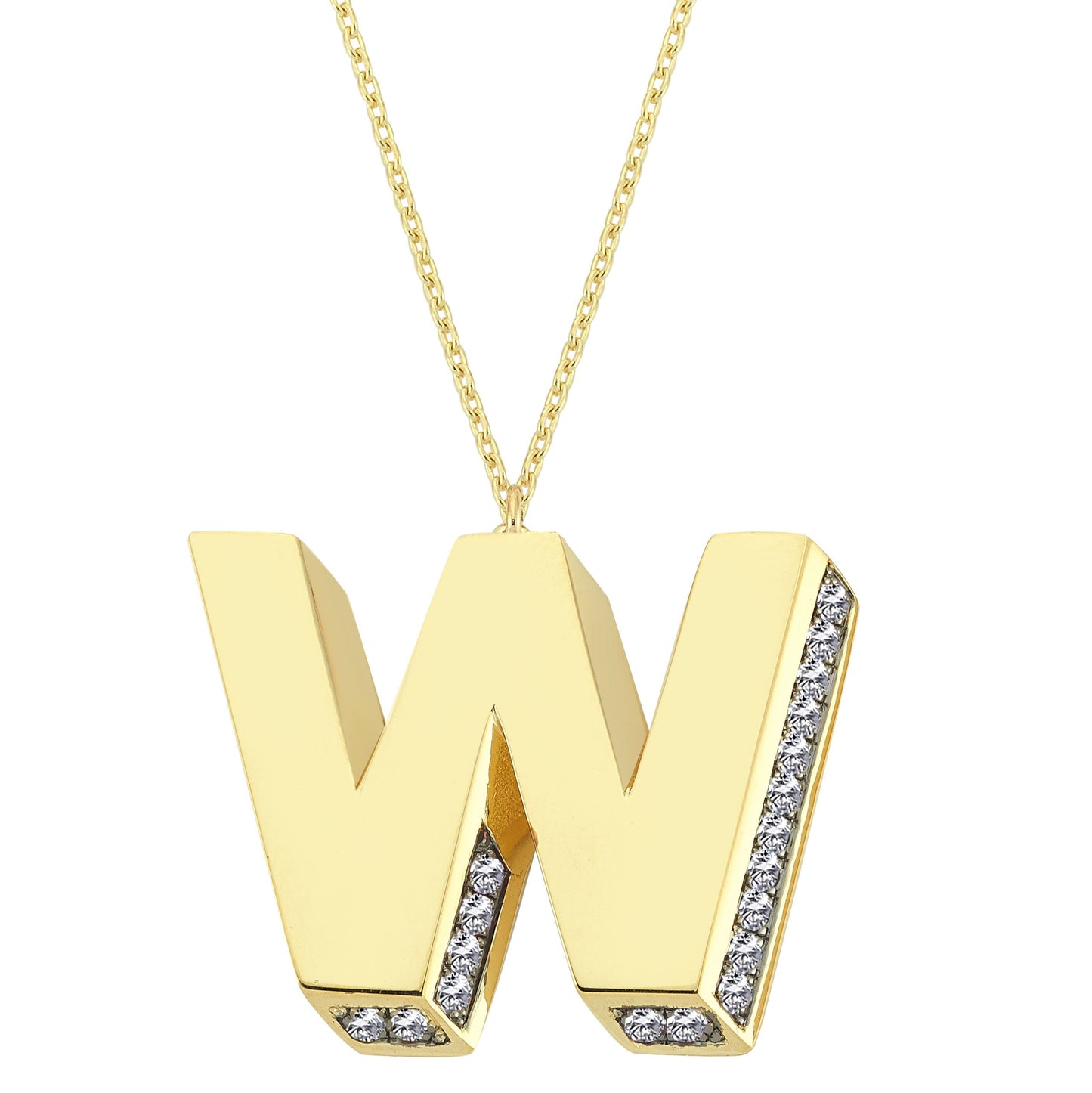 3D Letter W Necklace With Diamonds