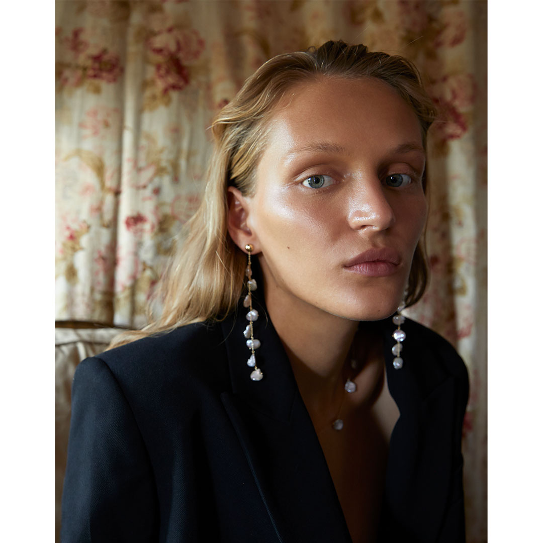 Pearl Chain Earrings with a Gold Ball Stud (Price for Single)