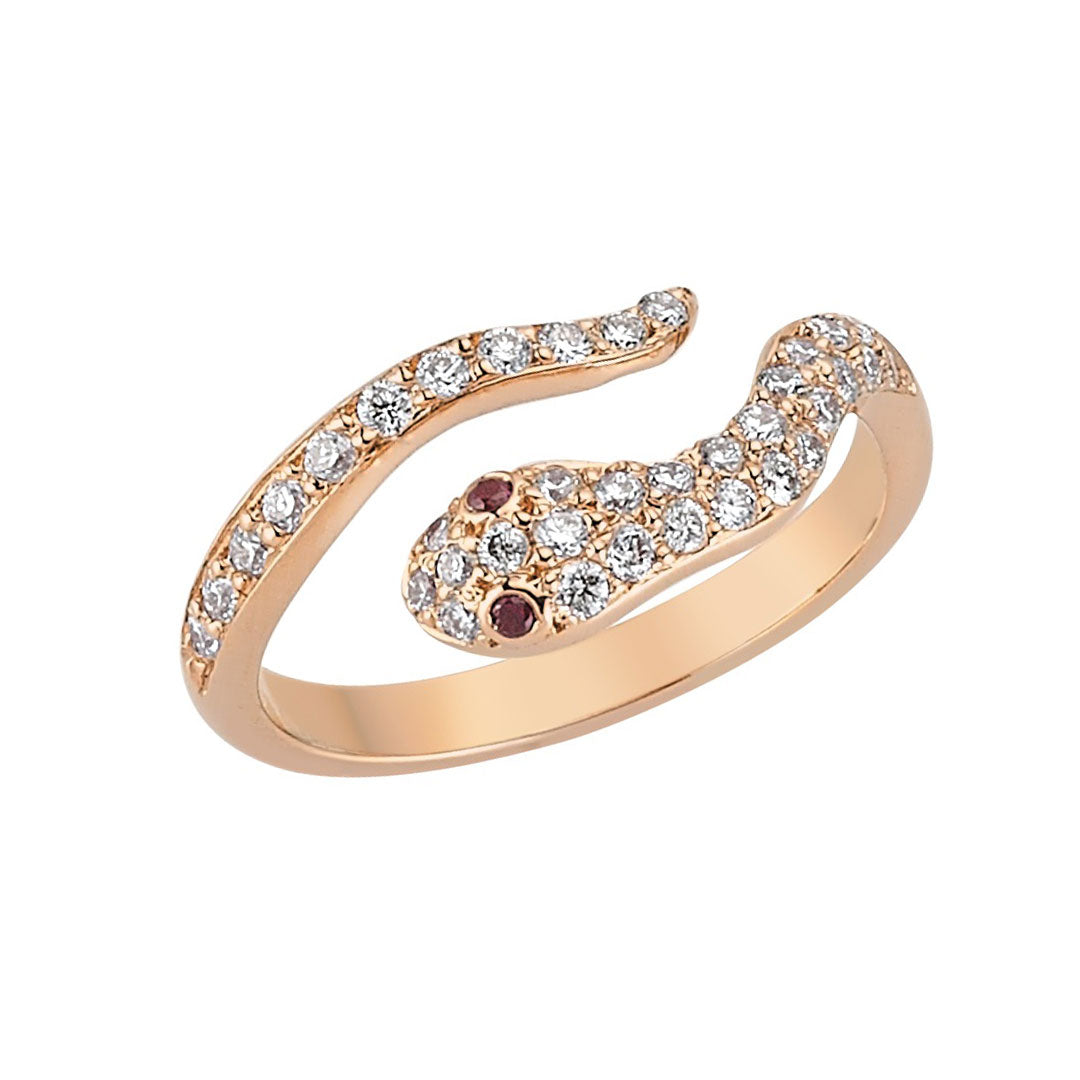 Diamond Mini Snake Ring With Ruby Eyes
