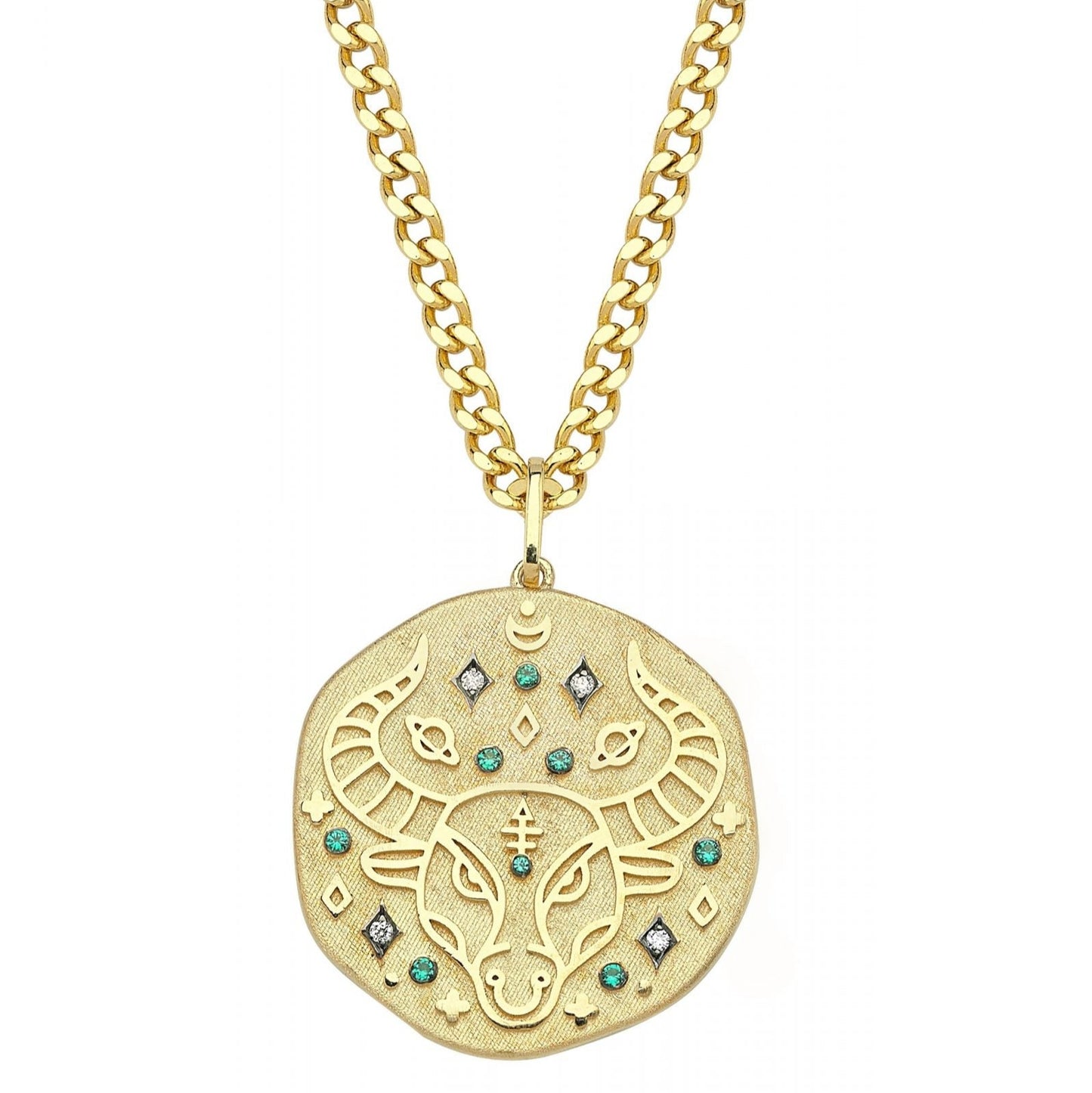 Taurus Illustration Zodiac Necklace with Emerald Birthstone, Diamonds & Curb Chain