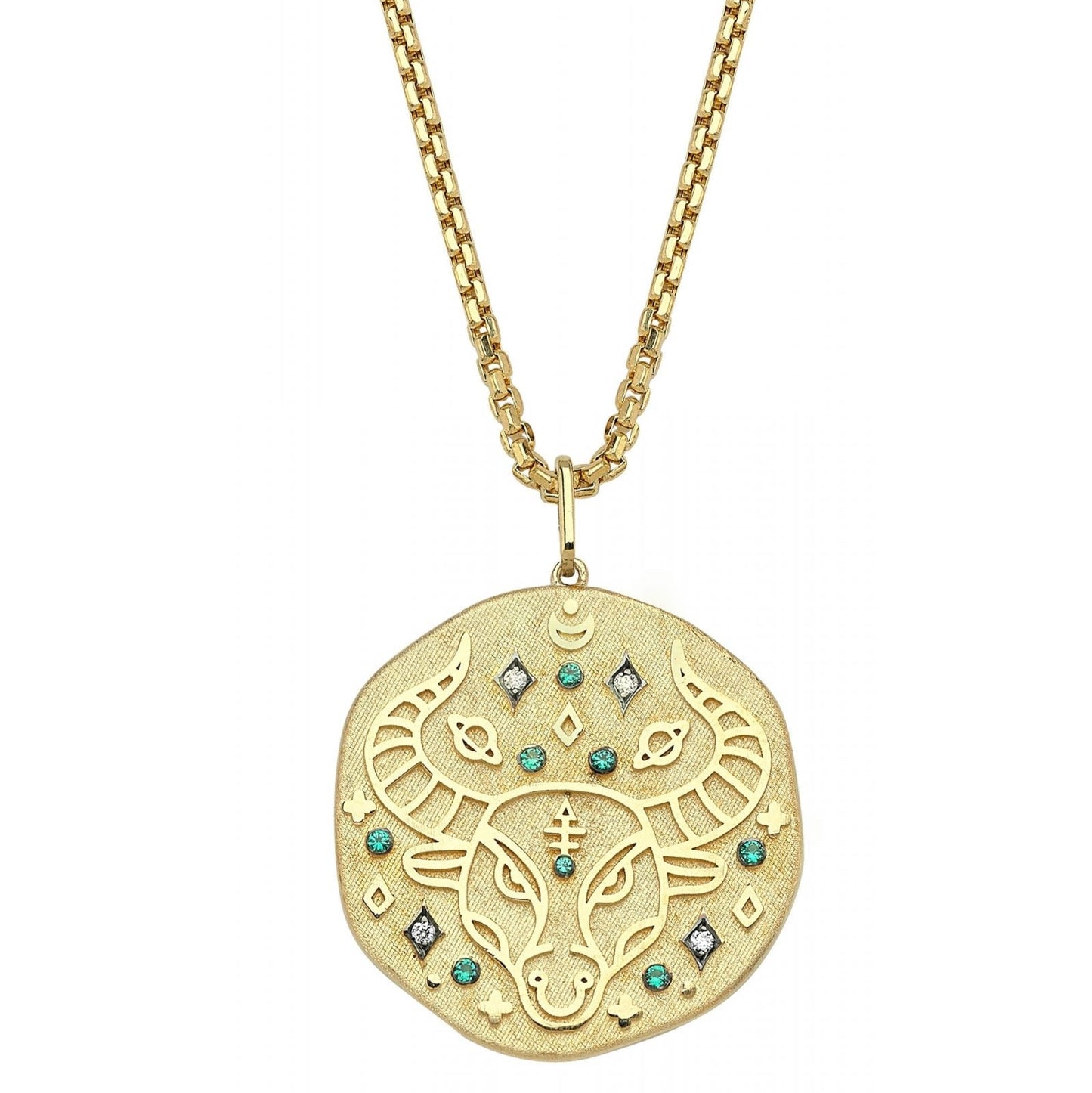 Taurus Illustration Zodiac Necklace with Emerald Birthstone, Diamonds & Box Chain