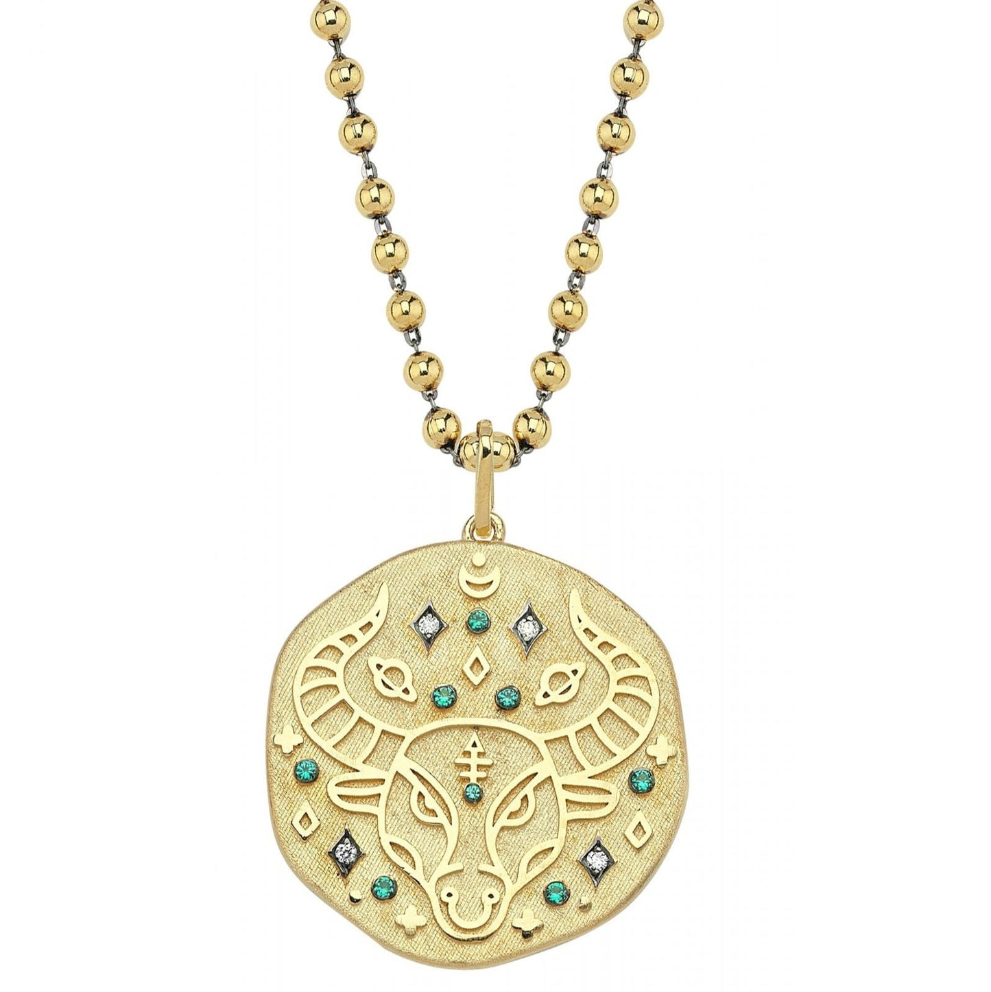 Taurus Illustration Zodiac Necklace with Emerald Birthstone, Diamonds & Ball Chain