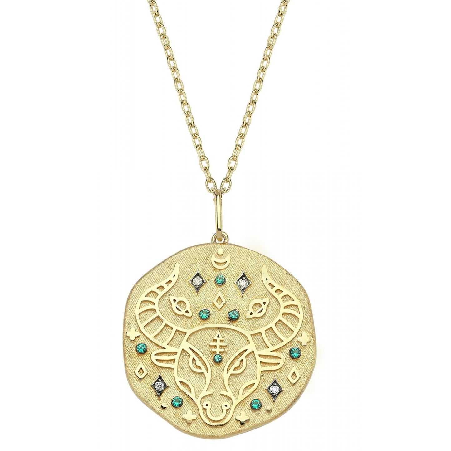 Taurus Illustration Zodiac Necklace with Emerald Birthstone, Diamonds & Standart Chain