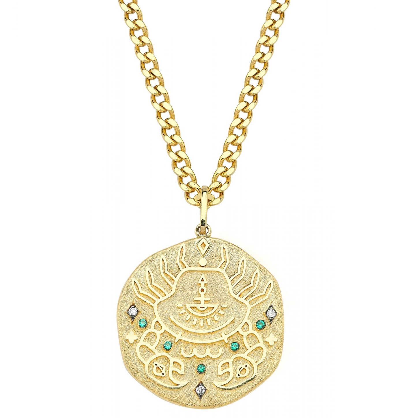 Cancer Illustration Zodiac Necklace with Emerald Birthstone, Diamonds & Curb Chain