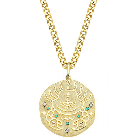 Cancer Illustration Zodiac Necklace with Emerald Birthstone, Diamonds & Curb Chain