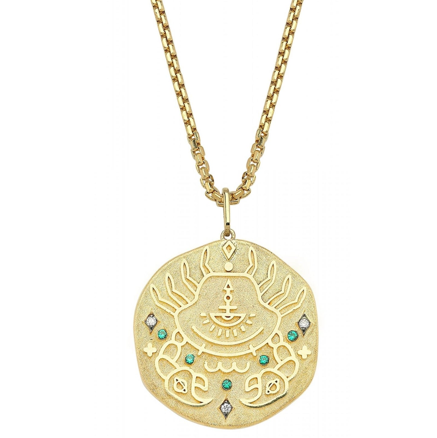 Cancer Illustration Zodiac Necklace with Emerald Birthstone, Diamonds & Box Chain