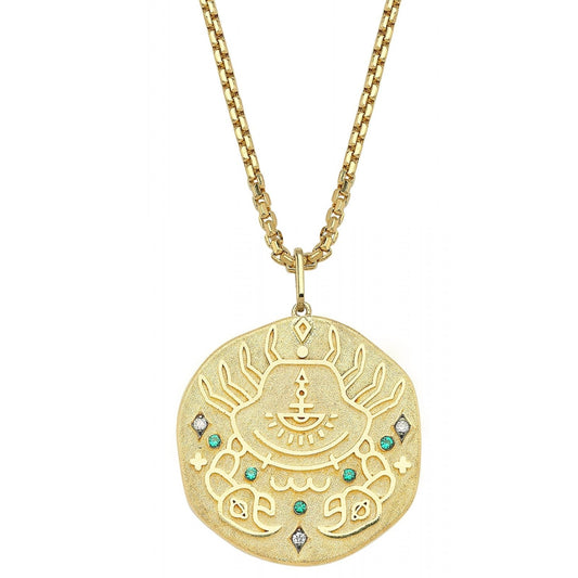 Cancer Illustration Zodiac Necklace with Emerald Birthstone, Diamonds & Box Chain