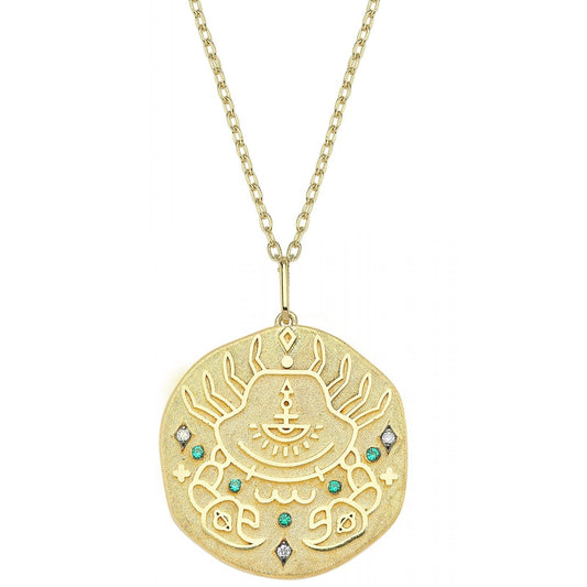 Cancer Illustration Zodiac Necklace with Emerald Birthstone, Diamonds & Standart Chain