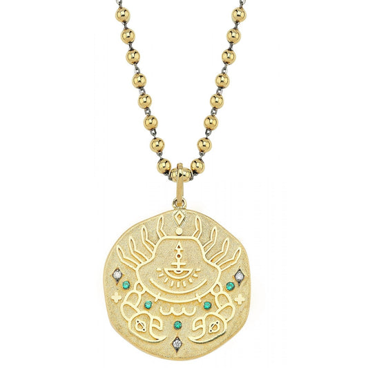 Cancer Illustration Zodiac Necklace with Emerald Birthstone, Diamonds & Ball Chain