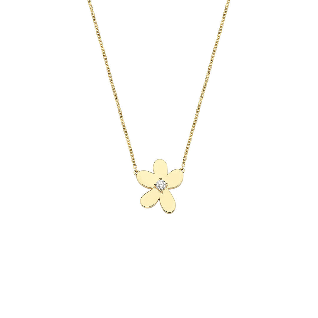 Single Diamond Pave Flower Necklace with Solitaire Diamond