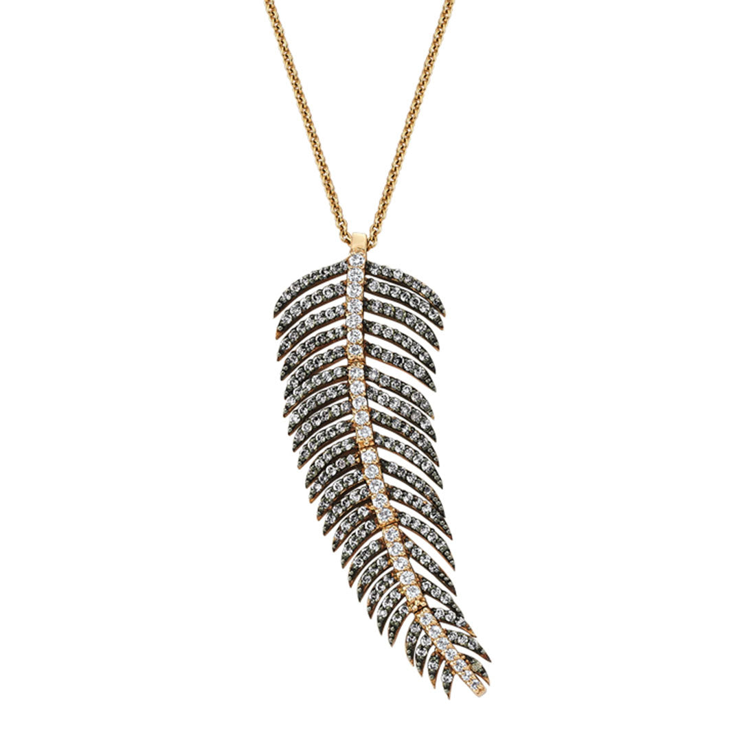 Medium Size White And Cognac Diamond Feather Necklace