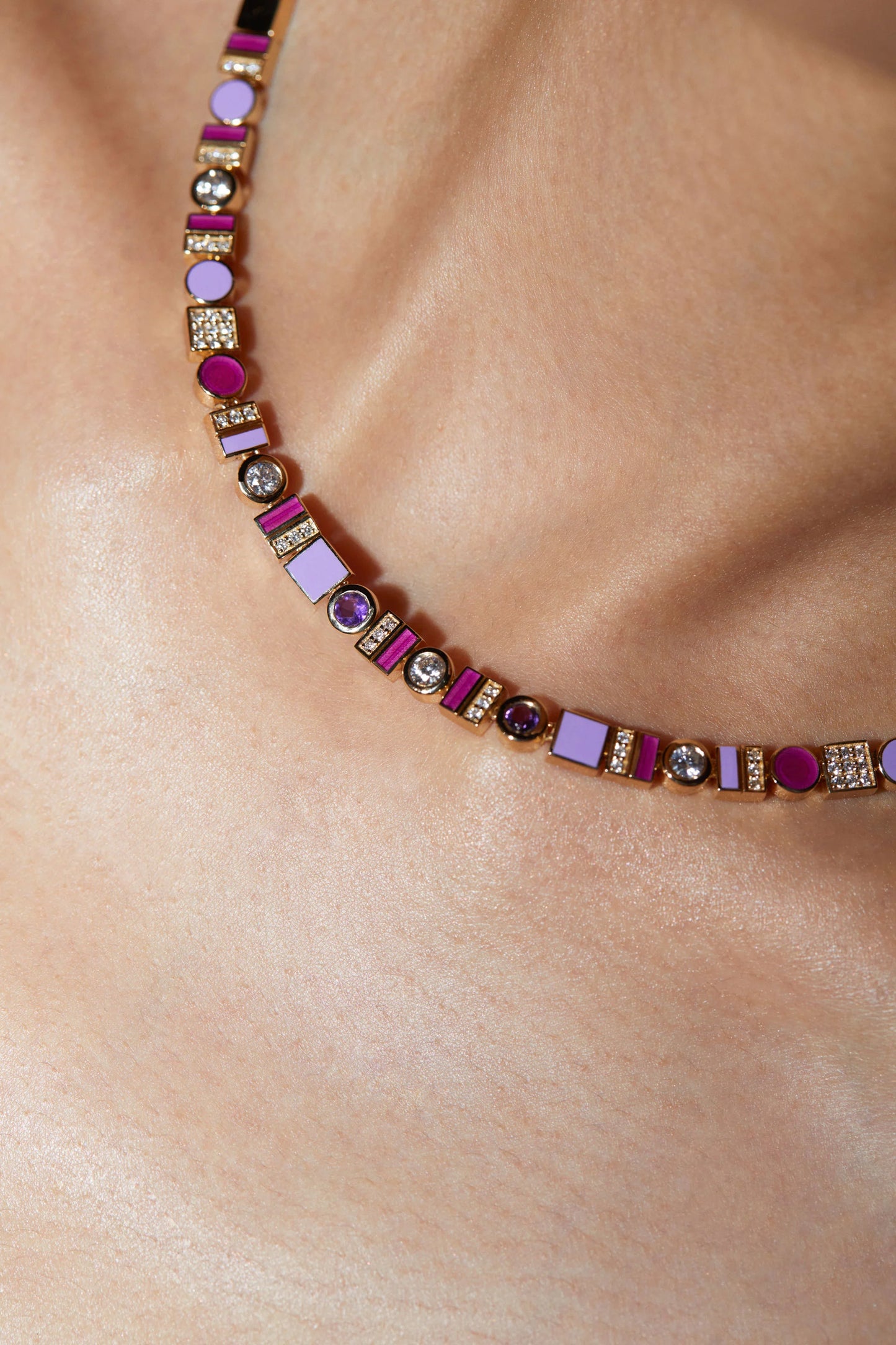 Diamond And Amethyst Necklace With Lilac And Purple Enamel