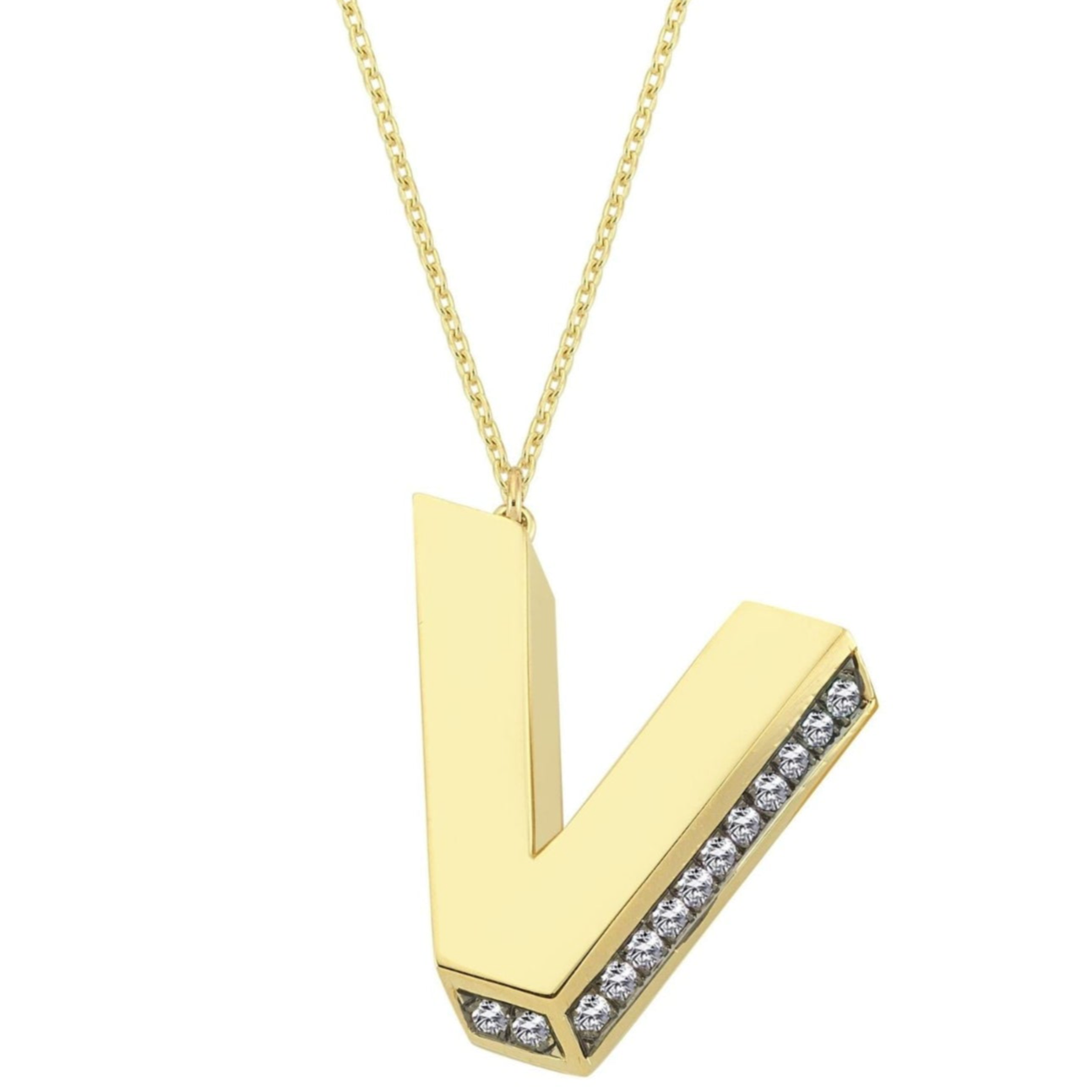 3D Letter V Necklace With Diamonds