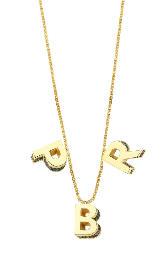 3 Letter 3D Mini Letter Necklace With Rainbow Sapphires