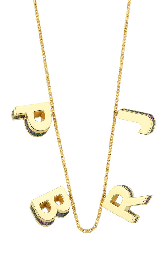 4 Letter 3D Mini Letter Necklace With Rainbow Sapphires