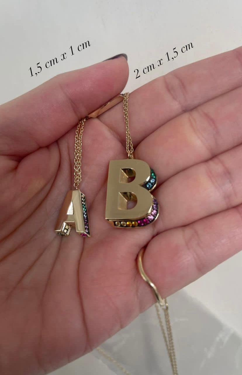 2 Letter 3D Mini Letter Necklace With Rainbow Sapphires