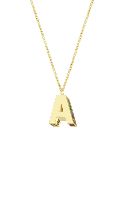 Mini 3D A Letter Necklace With Rainbow Sapphires