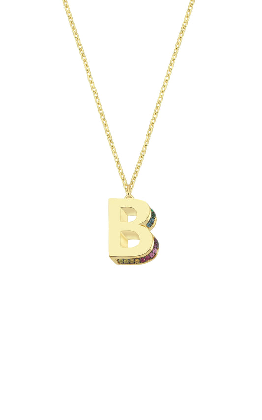 Mini 3D B Letter Necklace With Rainbow Sapphires