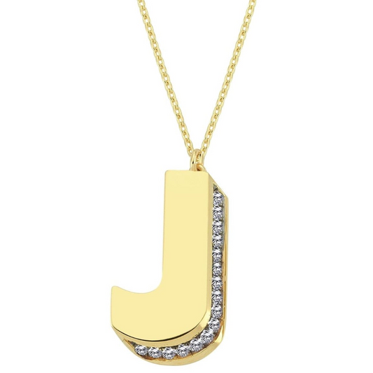 3D Letter J Necklace With Diamonds