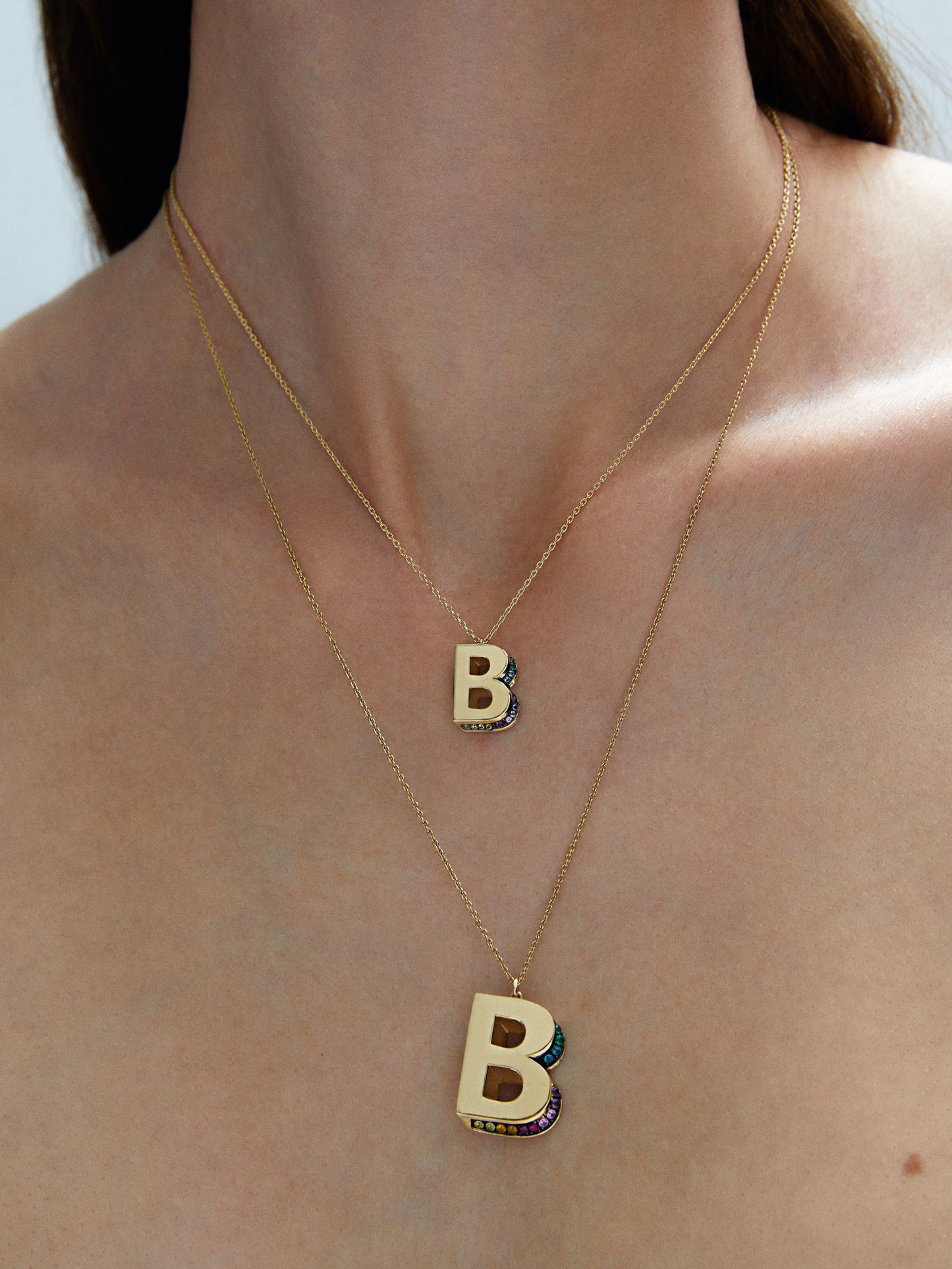 Mini 3D B Letter Necklace With Rainbow Sapphires