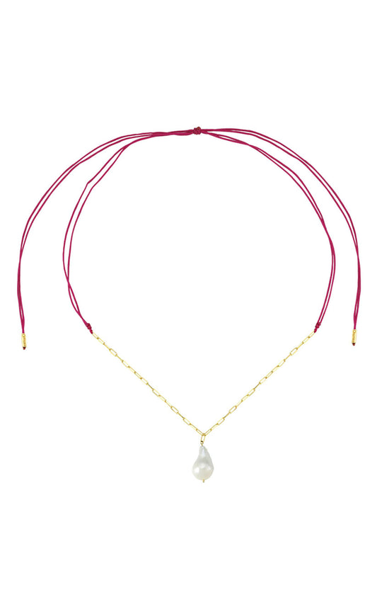 Colored String Necklace with Chain and Medium Size Baroque Pearl