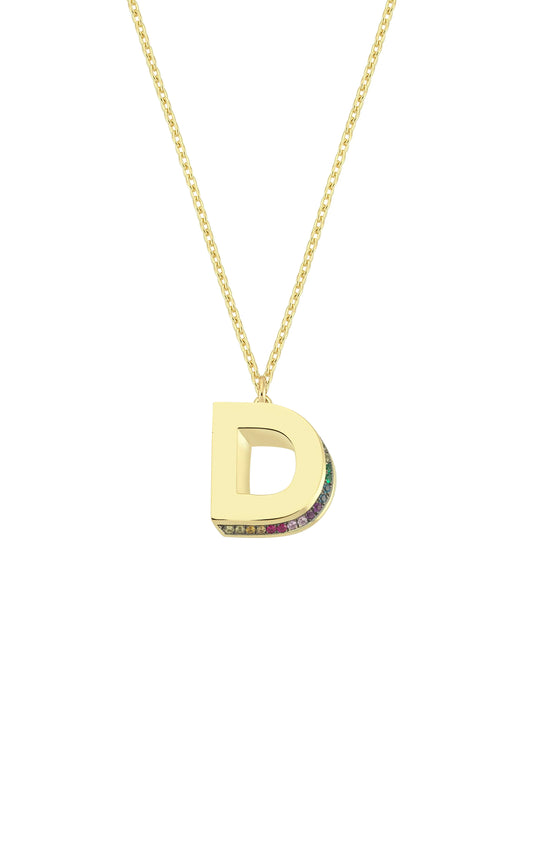Mini 3D D Letter Necklace With Rainbow Sapphires