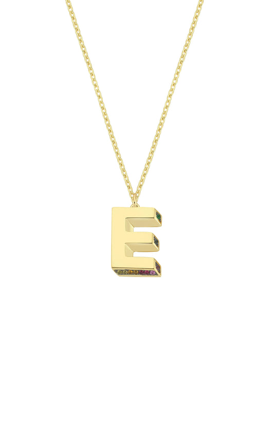 Mini 3D E Letter Necklace With Rainbow Sapphires