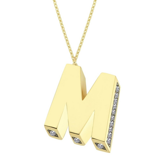 3D Letter M Necklace With Diamonds