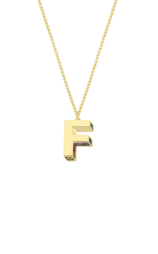 Mini 3D F Letter Necklace With Rainbow Sapphires