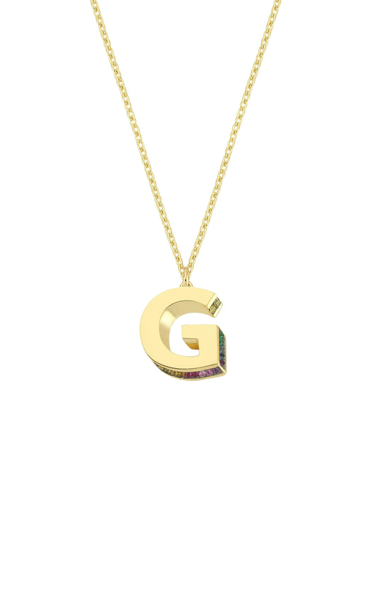 Mini 3D G Letter Necklace With Rainbow Sapphires