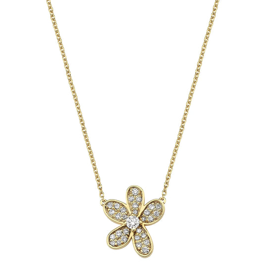 Single Diamond Pave Flower Necklace with Solitaire Diamond