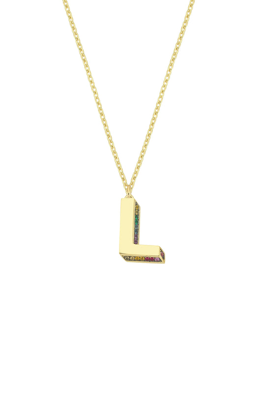 Mini 3D L Letter Necklace With Rainbow Sapphires