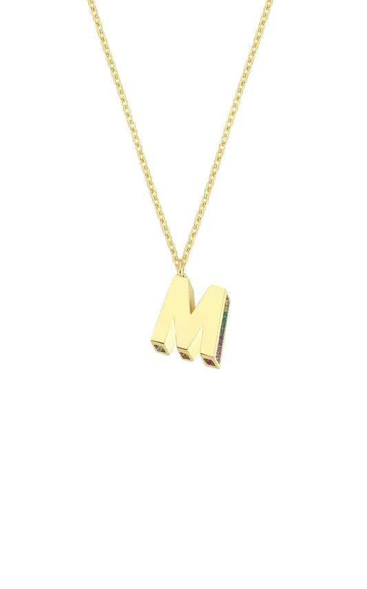 Mini 3D M Letter Necklace With Rainbow Sapphires