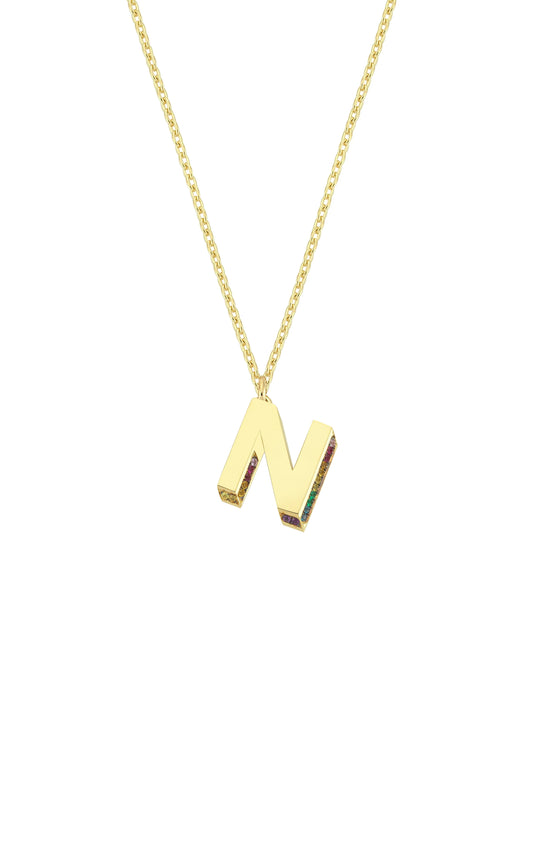 Mini 3D N Letter Necklace With Rainbow Sapphires