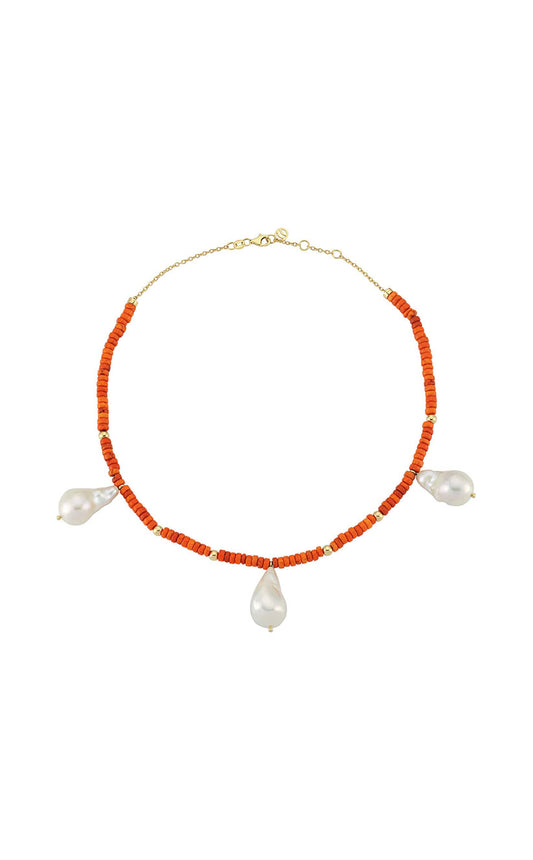 Orange Beaded Necklace with Baroque Pearls