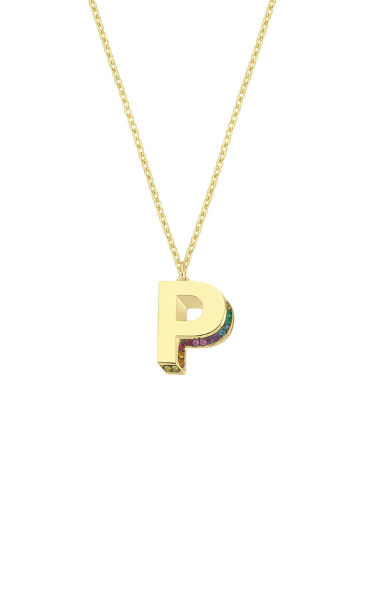 Mini 3D P Letter Necklace With Rainbow Sapphires