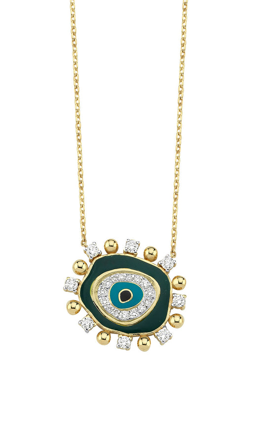 Evil Eye Necklace in Gold, Diamonds & Green Enamel