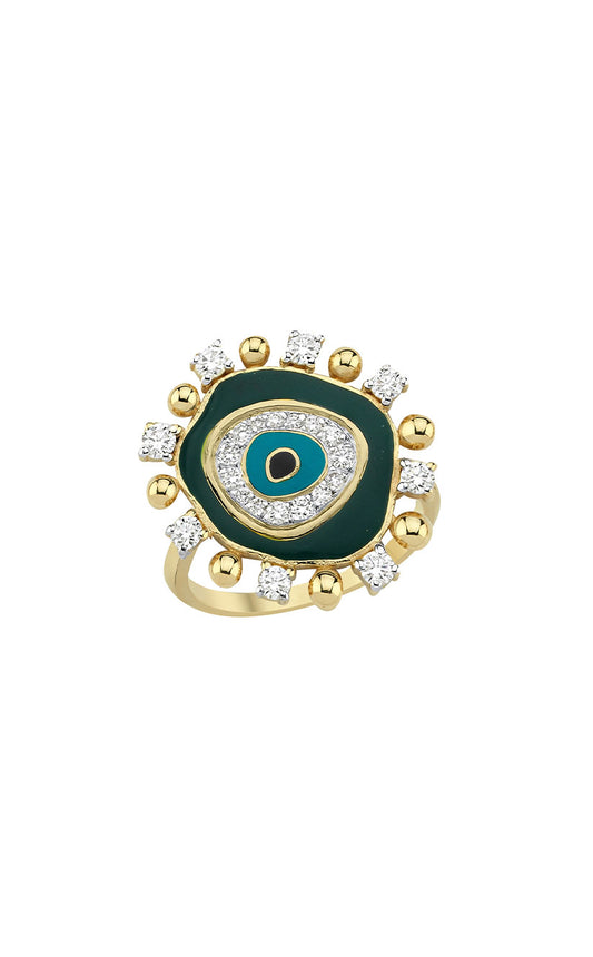 Evil Eye Ring in Gold, Diamonds & Green Enamel