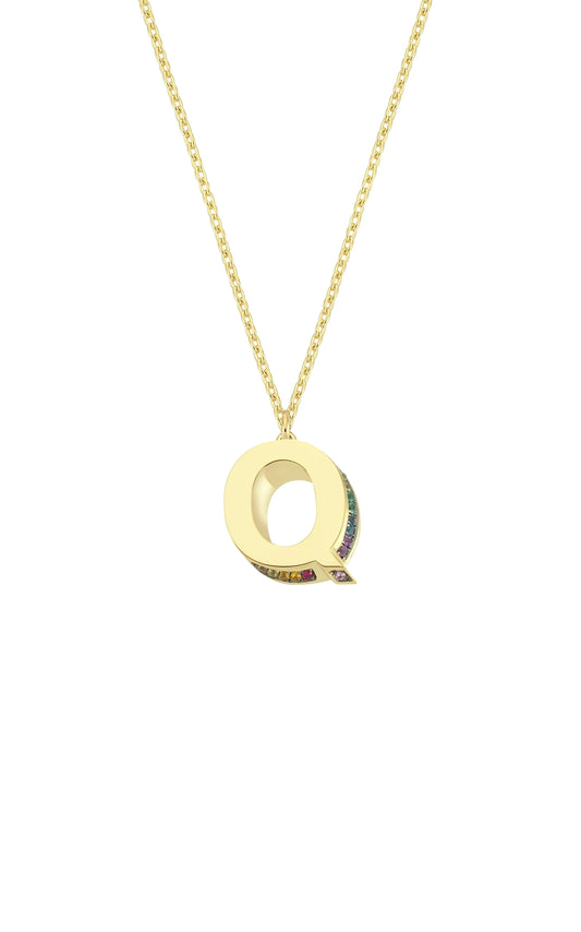 Mini 3D Q Letter Necklace With Rainbow Sapphires