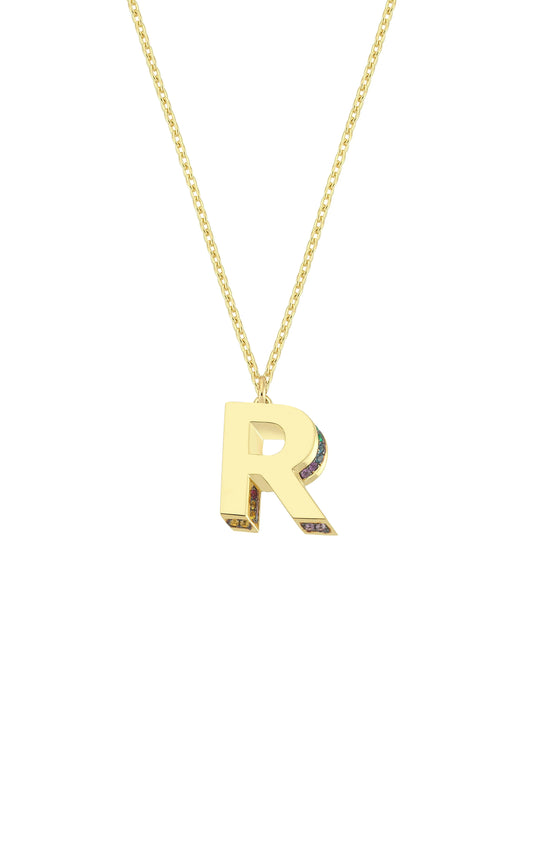 Mini 3D R Letter Necklace With Rainbow Sapphires