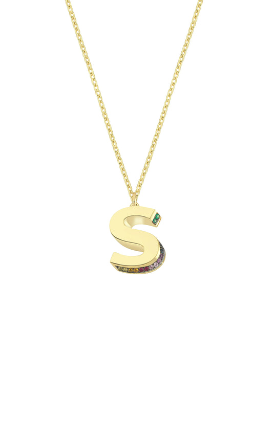 Mini 3D S Letter Necklace With Rainbow Sapphires